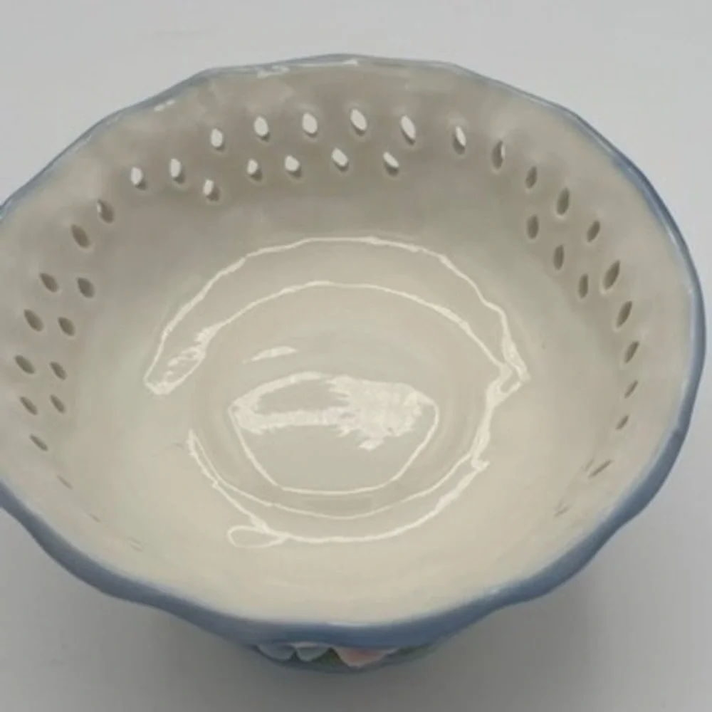 Cottagecore Porcelain Pedestal Candy Bowl Blue Floral Lattice Reticulated Dish